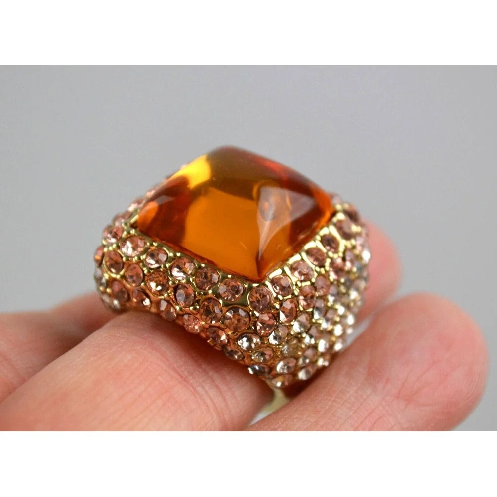 Gold Tone Ring with Yellow Glass Stone Surrounded‎ by Rhinestones Size 8